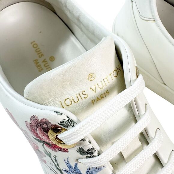LOUIS VUITTON Frontrow Floral Sneakers Size 39 US 8.5 Lace Up Logo Low Top White - Picture 12 of 13